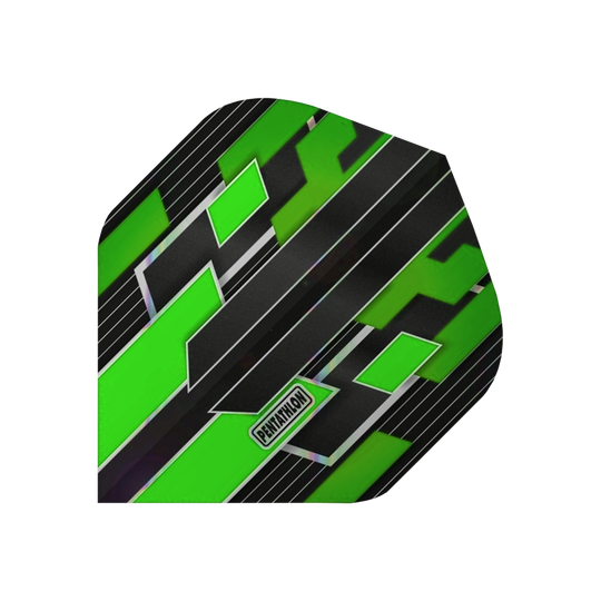 P31_Pentathlon_Gilded_Standard_Flights_Gr-n_1 Das Bild zeigt einen Pentathlon Gilded Standard Flight in Grün. Das Design besteht aus schwarzen, weißen und leuchtend grünen geometrischen Mustern mit dem Schriftzug "Pentathlon".