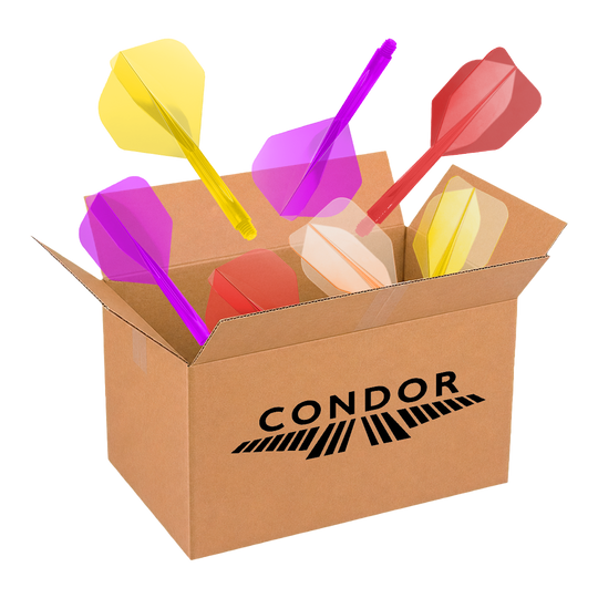 McDart Mystery Box - Condor Auf diesem Bild wird die McDart Mystery-Box - Condor präsentiert. Die Box ist für Dartspieler gedacht und enthält spezielle Artikel der Marke Condor.