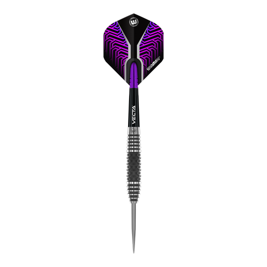 Winmau Kairos 01 Steeldarts Auf dem Bild ist ein Winmau Kairos 01 Steeldart zu sehen. Der Dartpfeil hat ein modernes Design mit schwarzem und lila Muster am Flight.