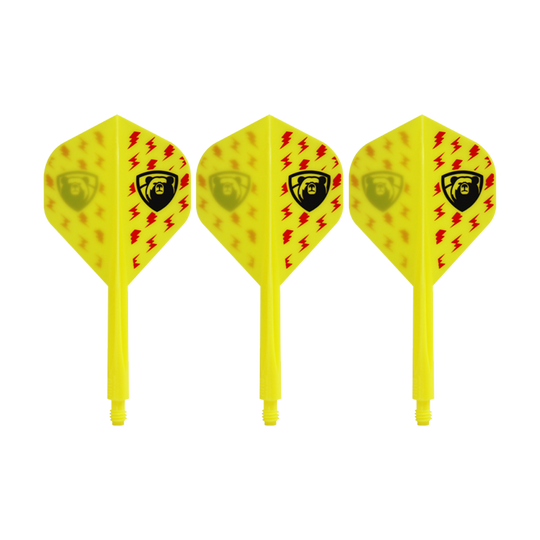 Auf dem Bild sind drei gelbe Dart-Flights mit roten Blitzsymbolen und einem schwarzen Bären-Logo zu sehen. Es handelt sich um das Produkt "Condor AXE Thunderbolt Yellow Flight-System - Standard".