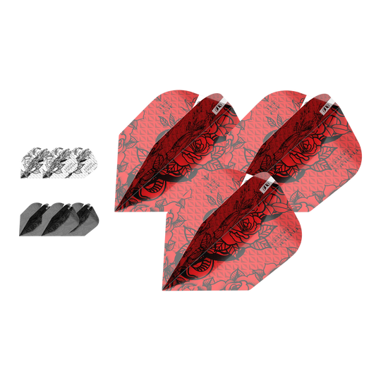 Target Ink Bundle 3 Sets Nathan Aspinall No6 Flights Das Bild zeigt drei Sets von Dart-Flights des Produkts "Target Ink Bundle 3 Sets Nathan Aspinall No6 Flights". Die Flights sind in Rot, Schwarz und Weiß mit auffälligem Muster gestaltet.