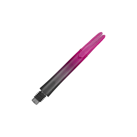 Das Bild zeigt einen zweiteiligen Dart-Schaft in den Farben Schwarz und Pink. Der Schaft hat ein Schraubgewinde auf einer Seite und ist gerade geformt.