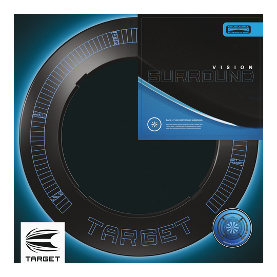 Target Corona Vision Notched Dartboard Surround with Lighting Abgebildet ist das Target Corona Vision Notched Dartboard Surround mit Beleuchtung. Die angebrachten Lichter sind zu sehen.