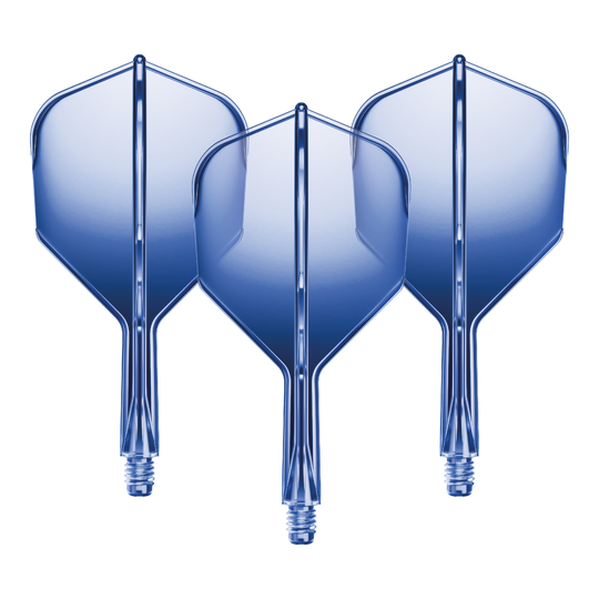 Auf dem Bild sind drei blaue Dartflights mit kurzen Schäften zu sehen. Sie stehen nebeneinander und haben eine glänzende Oberfläche.