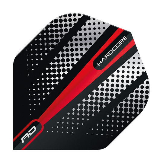 TF6512_Red_Dragon_Hardcore_Radical_Red_Flash_Standard_Flights_1ohF4E7aubaedc Das Bild zeigt ein Dart Flight mit einem modernen Design in Schwarz, Rot und Silber. Auf dem Flight stehen die Wörter "HARDCORE" und "RD".