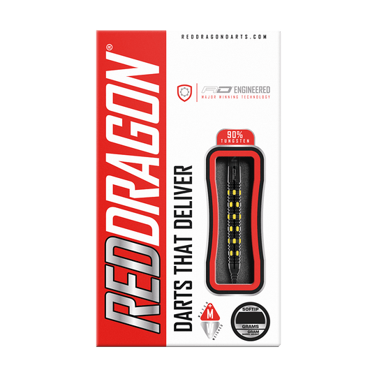 Die Verpackung zeigt die "Red Dragon Nirvana Softdarts - 20g" mit einem modernen Design. Die Darts bestehen aus 90% Tungsten und sind speziell für Softtip-Spiele geeignet.