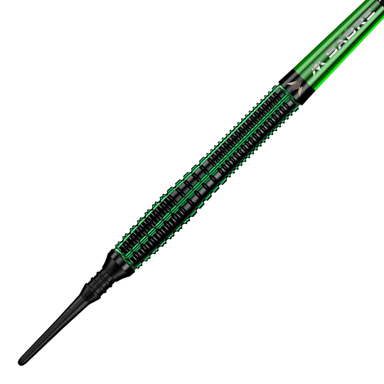 Das Bild zeigt einen Mission Venom Softdart mit einem Gewicht von 20 Gramm. Der Dart ist überwiegend schwarz mit grünen Akzenten und einem schlanken Design.