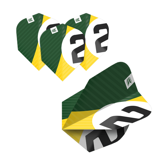 Das Bild zeigt fünf Sätze von Dart-Flights mit grün-gelbem Design und einer großen schwarzen Zahl 2 auf weißem Hintergrund. Die Flights gehören zum Produkt "Target Pro Ultra Chicane Multipack No6 Flights - 5 Sets".