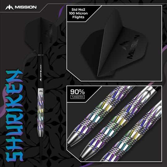 Das Bild zeigt die Mission Shuriken Steeldarts. Diese Darts sind speziell für das Steeldart-Spiel entwickelt.
