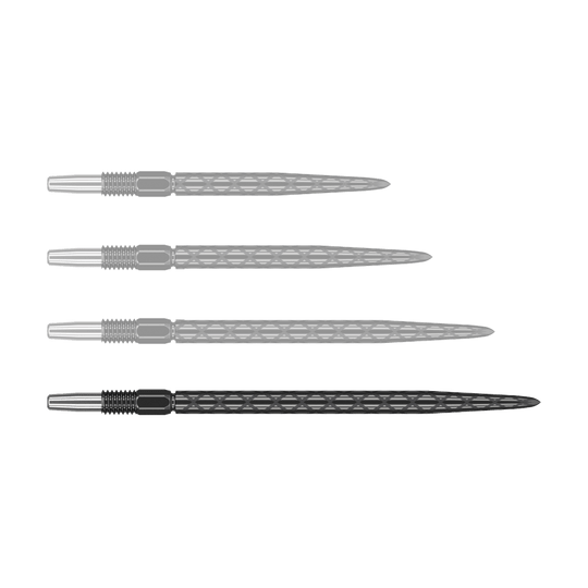 Target Swiss Diamond Pro Black Points dart tips Auf dem Bild sind vier schwarze Dartspitzen mit einem diamantförmigen Muster zu sehen. Sie sind in einer waagerechten Reihe angeordnet.