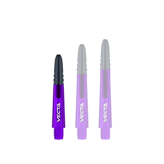 Winmau Vecta Shafts - Purple Black Das Bild zeigt drei lilafarbene Dartschäfte mit schwarzen Spitzen. Auf jedem Schaft steht das Wort "VECTA" in weißer Schrift.