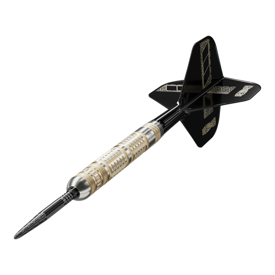 Das Bild zeigt die Target Dimitri Van Den Bergh 95K Swiss Point Steeldarts. Hier sieht man Form und Details der Steeldarts.