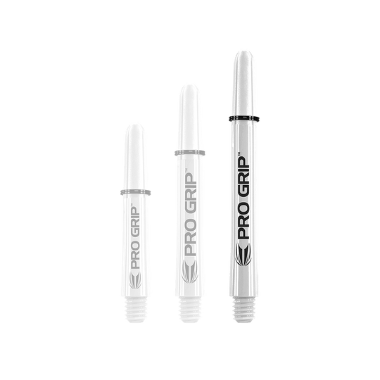 Das Bild zeigt drei unterschiedlich lange, weiße Dart-Schäfte mit der Aufschrift "PRO GRIP". Sie stehen nebeneinander aufrecht vor weißem Hintergrund.