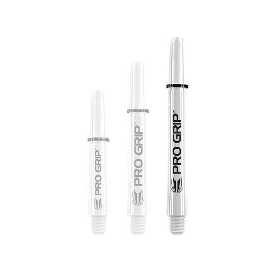 Target Pro Grip Shafts - 3 Sets - Red Blue White Das Bild zeigt drei unterschiedlich lange, weiße Dart-Schäfte mit der Aufschrift "PRO GRIP". Sie stehen nebeneinander aufrecht vor weißem Hintergrund.