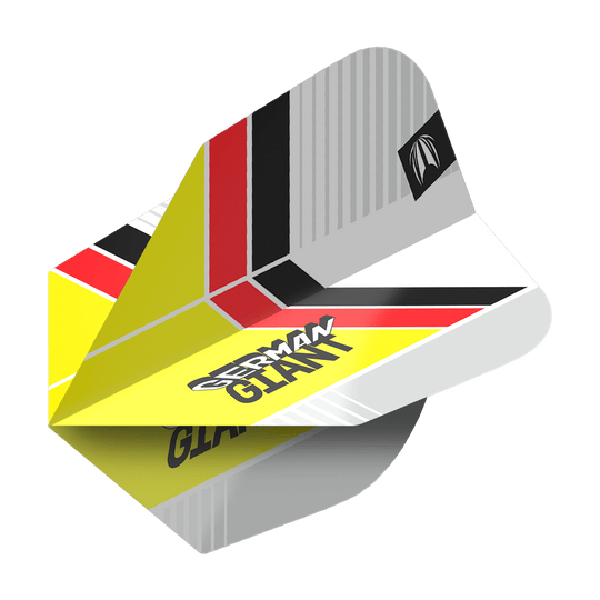 Target Pro Ultra Gabriel Clemens No6 Flights - 3 sets Das Bild zeigt das Produkt "Target Pro Ultra Gabriel Clemens No6 Flights - 3 Sets". Die Dart-Flights haben ein auffälliges Design mit den Farben Gelb, Rot, Schwarz und Weiß sowie dem Schriftzug "German Giant".