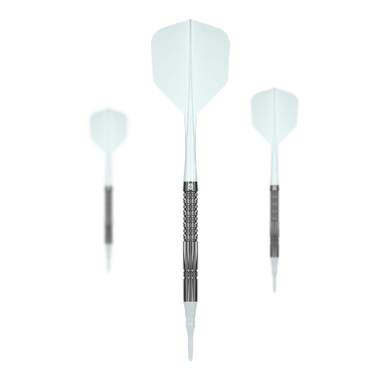 Das Bild zeigt die Caliburn Prisma P2 Softdarts - 20g. Zu sehen ist ein Set von modernen Softdarts.