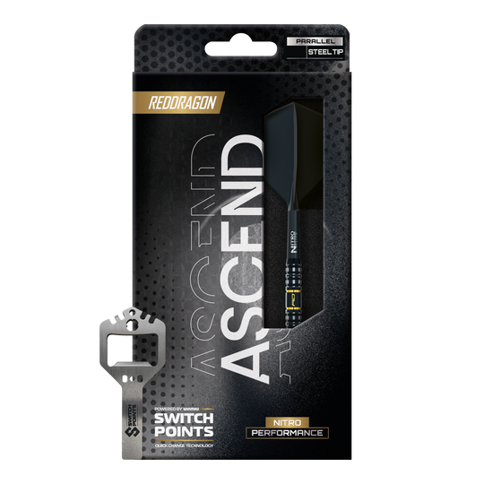 Red Dragon Ascend Parallel Switch Point Steeldarts Zu sehen sind drei Red Dragon Ascend Parallel Switch Point Steeldarts gruppiert in einer Reihe. Die Darts heben ihre hochwertige Verarbeitung hervor.
