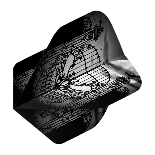 Alchemy Abandon All Hope No2 Standard Flights Das Bild zeigt einen Dartflight mit einem kunstvollen, schwarzen Tor-Design vor einem Vollmond. Die Farben sind hauptsächlich schwarz und grau gehalten, was dem Flight ein mystisches Aussehen verleiht.