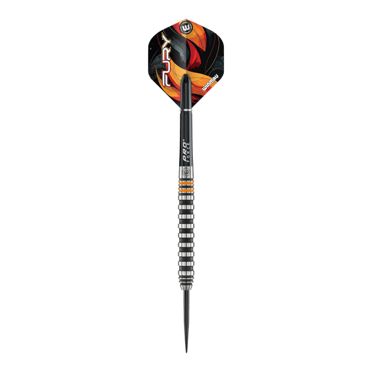 Hier sieht man die Winmau Fury Steeldarts - 22g. Die Darts bieten ein ausgewogenes Wurfgefühl für Dartspieler.