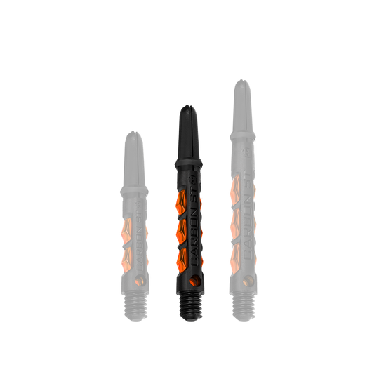 HR429_Harrows_Carbon_ST_Shafts_Orange_40mm_1QUzP4v3nomhOa Das Bild zeigt drei Harrows Carbon ST Shafts in der Farbe Orange. Die Dartschäfte sind in verschiedenen Längen nebeneinander angeordnet.