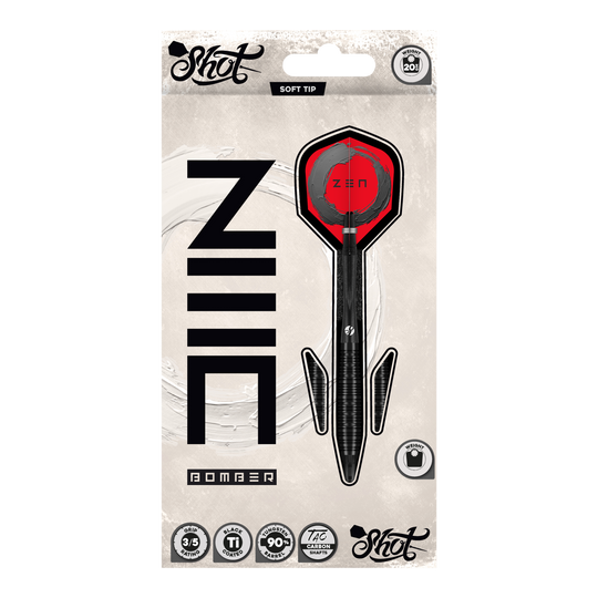 Shot ZEN Bomber soft darts - 20g Hier sieht man die Shot ZEN Bomber Softdarts - 20g. Die Softdarts sind für präzises Werfen und einen sicheren Halt konzipiert.