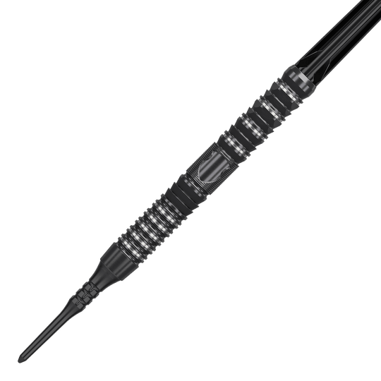 Target Japan Black Marque Draco GEN2 Soft Darts - 20g Das Bild zeigt einen Target Japan Black Marque Draco GEN2 Softdart mit einem Gewicht von 20g. Der Dart ist schwarz-silbern und hat ein modernes, gerilltes Design für besseren Halt.