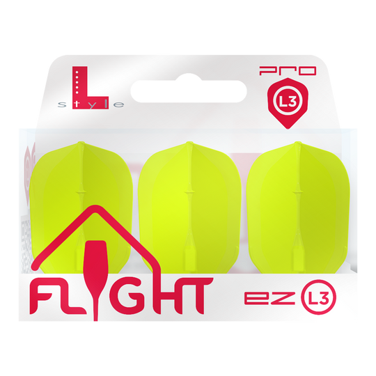 Das Bild zeigt eine Packung mit drei neon-gelben Dart-Flights der Marke L-Style. Auf der Verpackung steht „FLIGHT ez L3 Pro“.