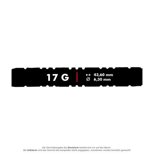 Das Bild zeigt die Produktdaten für die McDart 85er Tungsten V2 Softdarts mit einem Gewicht von 17 Gramm. Die Darts haben eine Länge von 43,60 mm und einen Durchmesser von 6,30 mm.