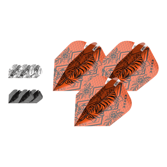 Das Bild zeigt drei verschiedene Sets von Raymond Van Barneveld Ten-X Dartflights. Die Flights haben auffällige Muster in den Farben Orange, Schwarz und Weiß.