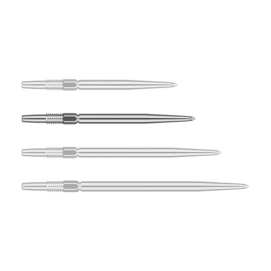 Target Swiss Point Silver dart tips Das Bild zeigt vier silberne Dartspitzen, die nebeneinander liegen. Sie sind lang, schmal und haben ein geriffeltes Stück am oberen Ende.