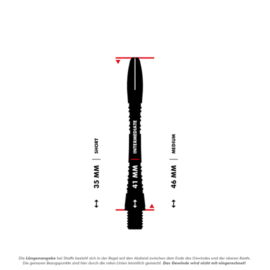 Das Bild zeigt einen 41 mm langen Aluminiumschaft für Darts, der als "Intermediate" gekennzeichnet ist. Die rote Markierung deutet darauf hin, dass das Gewinde bei der Längenangabe nicht mit eingerechnet wird.