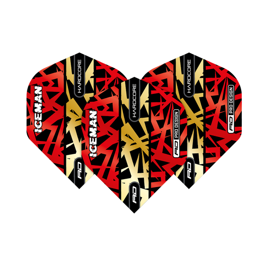 TF6871_Red_Dragon_Hardcore_Gerwyn_Price_Red_Gold_Premium_Standard_Flights_16m3HLGEJLmJy7 Das Bild zeigt drei Dartflights in den Farben Rot, Gold und Schwarz mit auffälligem Muster. Auf den Flights stehen die Wörter "ICEMAN", "HARDCORE" und "RD PRO DESIGN".