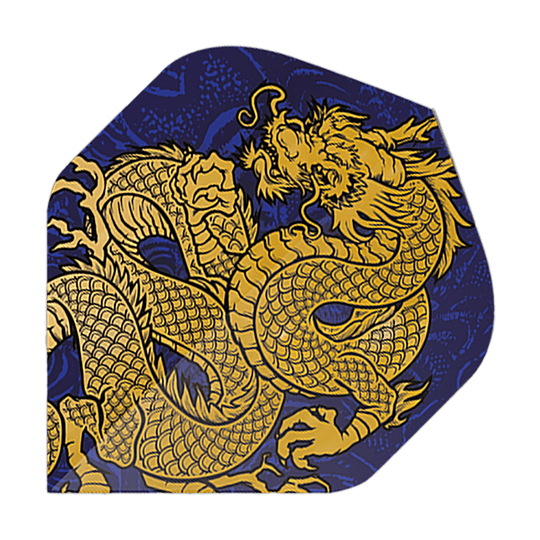 Pentathlon Flights Dragon blue Das Bild zeigt ein Dart-Flight mit einem goldenen Drachenmotiv auf dunkelblauem Hintergrund. Es handelt sich um das Produkt "Pentathlon Dragon 4 Standard Flights".