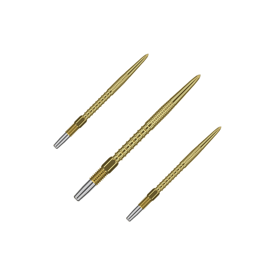 Target Swiss Firepoint Gold dart tips Das Bild zeigt drei goldfarbene Dartspitzen mit silbernem Gewinde am Ende. Sie sind schlank und haben eine strukturierte Oberfläche für besseren Halt.