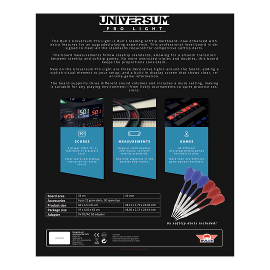 Bulls NL Universum Pro Light Electronic Dartboard - Blue Red Auf dem Bild ist das Bulls NL Universum Pro Light Elektronisches Dartboard - Blau Rot zu sehen. Es eignet sich perfekt für Darts-Spiele zu Hause.