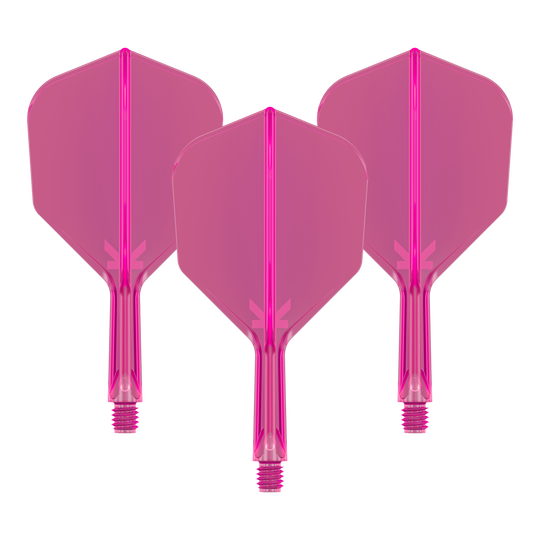 Target K-Flex No6 Flight System - Neon Pink Das Bild zeigt drei neonpinke Dart-Flights mit angesetzten Schäften. Sie sind nebeneinander angeordnet und haben ein transparentes Design.