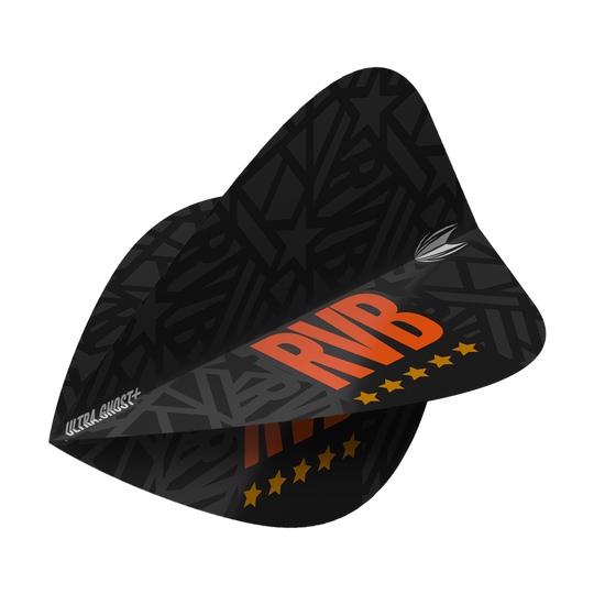 Das Bild zeigt das Produkt "Target UltraGhost Raymond Van Barneveld GEN2 Kite Flights". Die Dartflights sind schwarz mit orangenen Buchstaben "RVB" und gelben Sternen bedruckt.