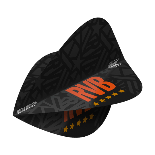 Target UltraGhost Raymond Van Barneveld GEN2 Kite Flights Das Bild zeigt das Produkt "Target UltraGhost Raymond Van Barneveld GEN2 Kite Flights". Die Dartflights sind schwarz mit orangenen Buchstaben "RVB" und gelben Sternen bedruckt.