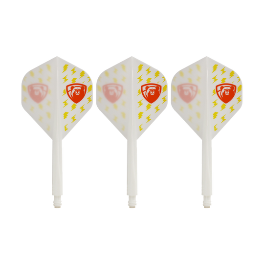 Das Bild zeigt drei weiße Dartflights des Condor AXE Thunderbolt White Flight-Systems in Standardform. Die Flights sind mit gelben Blitzen und einem roten Schild-Logo verziert.