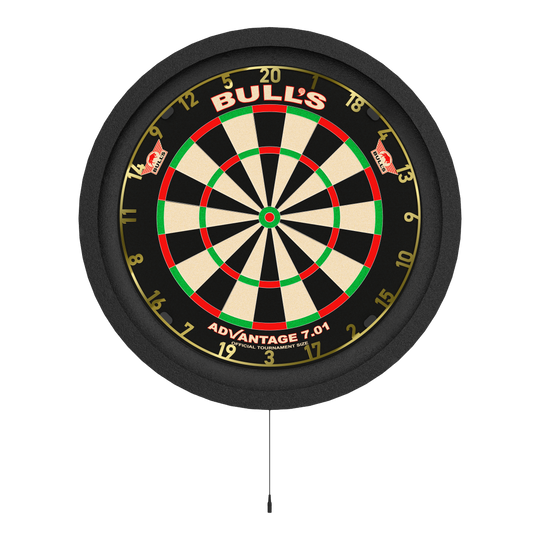 Bulls NL Lumo 2 Light Surround Lighting System Das Bild zeigt eine Dartscheibe mit einer runden, beleuchteten Umrandung. Es handelt sich um das Produkt „Bulls NL Lumo 2 Light Surround Beleuchtungssystem“.