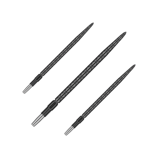 Target Swiss Diamond Pro Black Points dart tips Das Bild zeigt drei schwarze Dartspitzen mit einem rautenförmigen Muster. Sie sind lang und haben ein silbernes Schraubgewinde am Ende.