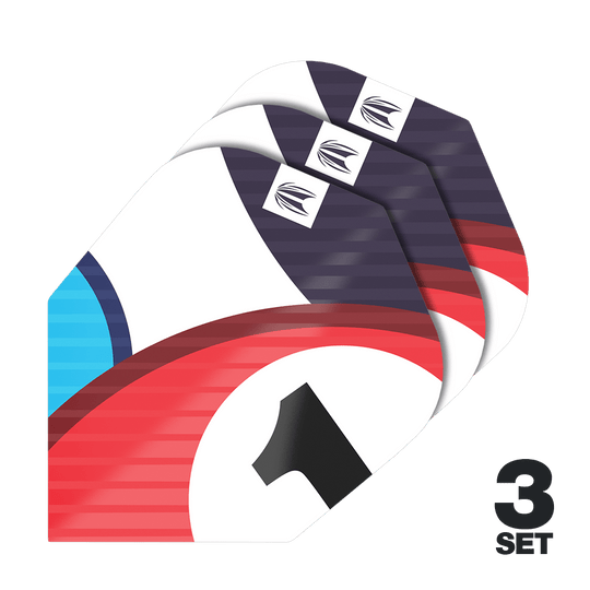 Target Pro Ultra Chicane Blue No6 Flights - 3 Sets Das Bild zeigt drei Sets von Target Pro Ultra Chicane Blue No6 Flights für Darts. Auf den Flights sind rote, blaue und schwarze Designelemente sowie die Zahl 1 zu sehen.