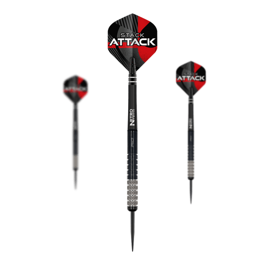 Dies ist das Produkt Red Dragon Rob Owen Stack Attack Steedarts - 22g. Das Bild zeigt ein Set dieser Steeldarts.