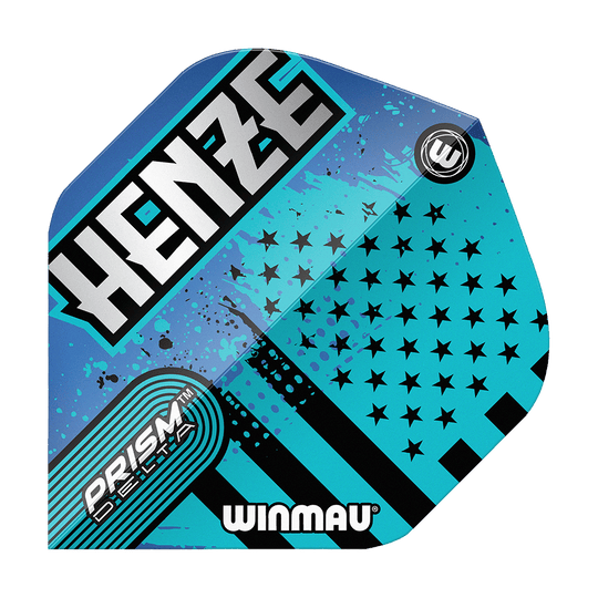 Winmau Prism Delta Rick Henze Standard Flights Das Bild zeigt ein Winmau Prism Delta Rick Henze Standard Flight in blau-schwarzem Design. Auf dem Flight stehen die Wörter "HENZE", "PRISM DELTA" und "WINMAU".