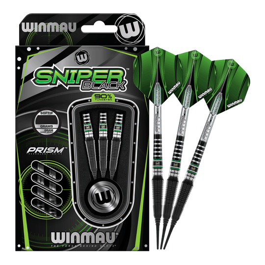 Winmau Sniper Black 2025 soft darts - 20g Das Bild fokussiert einen einzelnen Winmau Sniper Black 2025 Softdart - 20g. Schwarz glänzende Oberfläche.
