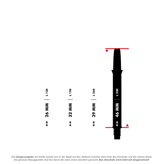 Das Bild zeigt verschiedene Längen von Dart-Schäften, wobei der längste Schaft mit 46 mm hervorgehoben ist. Die Messung erfolgt vom Ende des Gewindes bis zur oberen Kante, das Gewinde selbst wird nicht mitgerechnet.