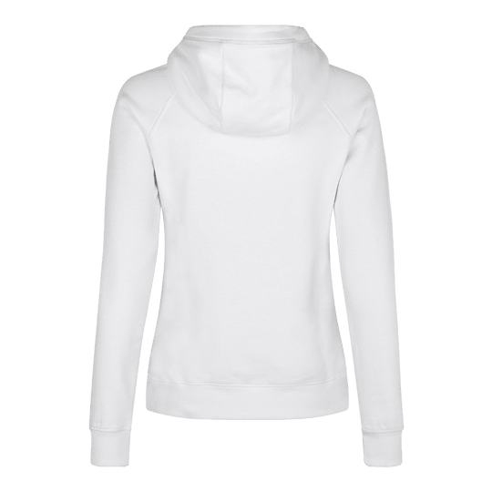 Barrels and Shafts Women's Hoodie - White Dies ist ein weißer Damen-Hoodie, der von hinten zu sehen ist. Das schlichte Design zeigt lange Ärmel und eine Kapuze.