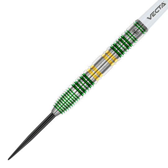 Winmau Xenon Steeldarts Das Bild zeigt einen Winmau Xenon Steeldart. Der Dartpfeil hat ein silbernes Griffstück mit grünen und goldenen Ringen.