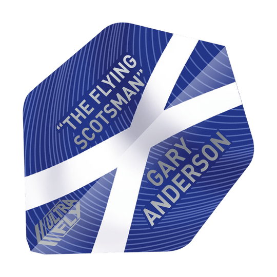 UN17_69041_Unicorn_UltraFly75_Gary_Anderson_World_Champion_AR2_Flights_1 Das Bild zeigt ein Dartflight mit einem blauen Hintergrund und einem weißen Kreuz, das an die schottische Flagge erinnert. Darauf stehen die Worte „THE FLYING SCOTSMAN“ und „GARY ANDERSON“.