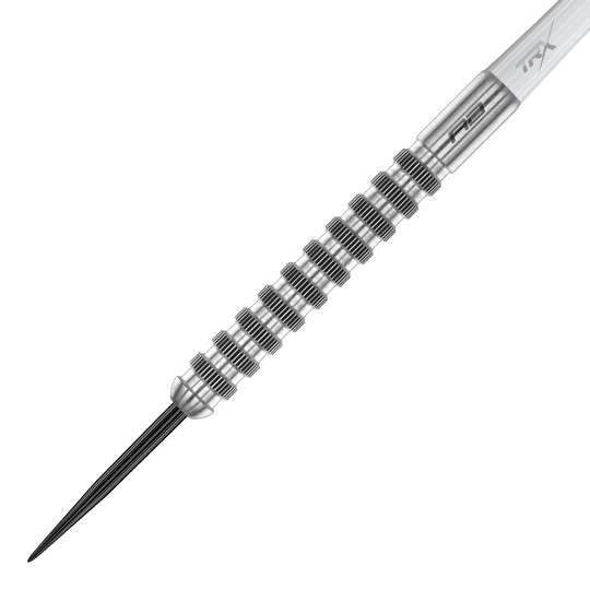 Red Dragon Javelin Speedline steel darts Das Bild zeigt einen Red Dragon Javelin Speedline Steeldart. Der Dartpfeil besteht aus silbernem Metall mit markanten, gerillten Griffmulden.